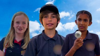 Three children stand in their school uniforms face on to the camera.