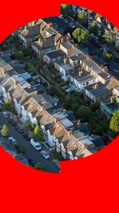 Aerial view of rows of terraced houses