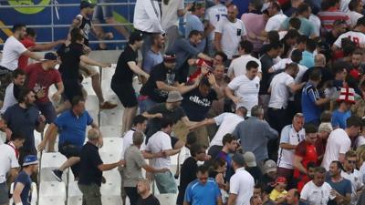 Russian and English fans clash in the stands at the Stade Velodrome, Marseille, 11 June 2016