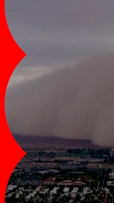 Huge cloud of dust rolls over houses and trees below