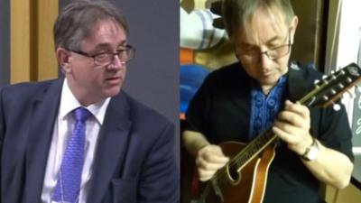 Mick Antoniw in the Senedd, and playing in his band