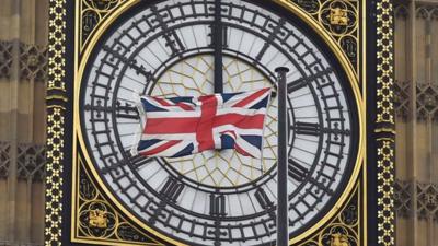 A British Union flag in front of Big Ben.