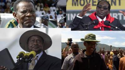 A collection of images showing Uganda's President Yoweri Museveni, Equatorial Guinea President Teodoro Obiang Nguema, Rwandan President Paul Kagame and Zimbawe’s President Robert Mugabe