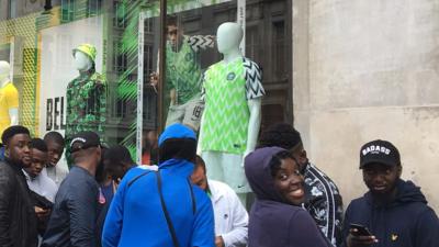 Fans spent hours waiting in line to try to get hold of the Super Eagles' new replica football strip.