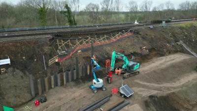 Aerial image of work to repair a landslip on a railway embankment