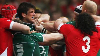 A brawl breaks out in the 2009 Six Nations match between Wales and Ireland in Cardiff