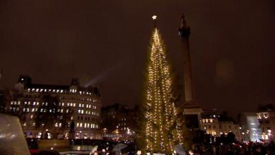 Trafalgar Square's famous tree has been lit up in a tradition dating back to 1947.