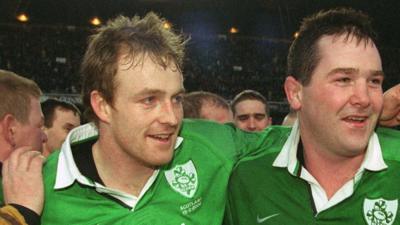 Denis Hickie with Anthony Foley after Ireland's victory over Scotland in 2000