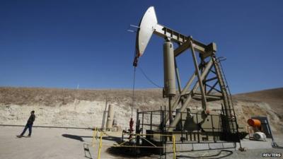 An exploratory pumpjack (also called nodding donkey, pumping unit, horsehead pump, rocking horse) well drills for oil in the Monterey Shale, California, April 29, 2013.