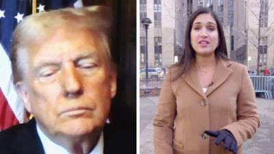 Split screen showing Donald Trump via video call and Nada Tawfix