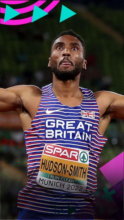 Matt Hudson-Smith stretches his arms out in celebration