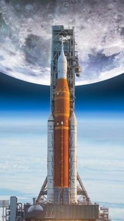 Artemis rocket with the moon behind