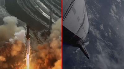 Split screen showing rocket launch and in orbit
