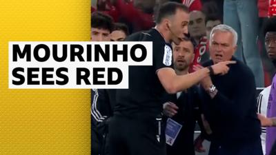 Jose Mourinho is spoken to by the referee