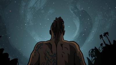 An illustration of a man standing with his back to us, looking up at the night sky full of stars