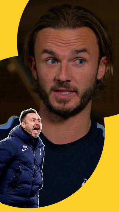 James Maddison being interviewed and and a cut out of Roberto De Zerbi