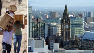 Composite image showing men carrying furniture and the Manchester skyline