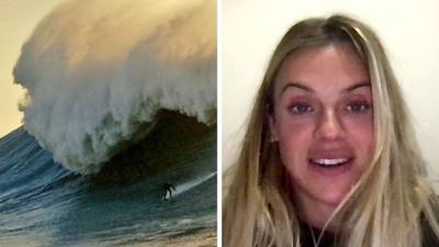A composite image of Laura Crane and an image of her surfing
