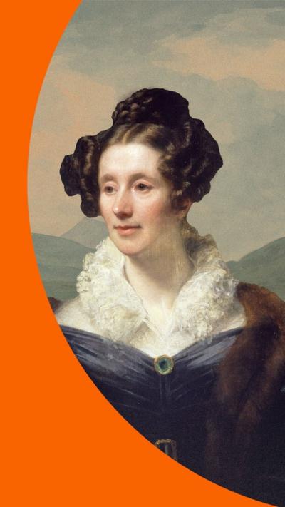 A portrait of Mary Somerville on a mountainous background