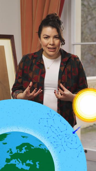 Presenter Cecilia Reed with a graphic of the Earth