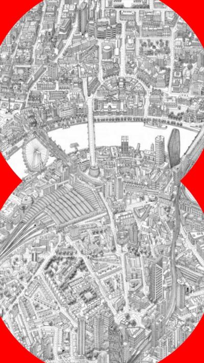 A black and white pen drawing of central London