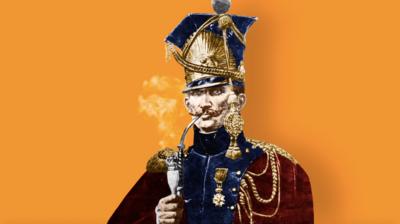 Illustration of man with elaborate military uniform smoking an ornate pipe