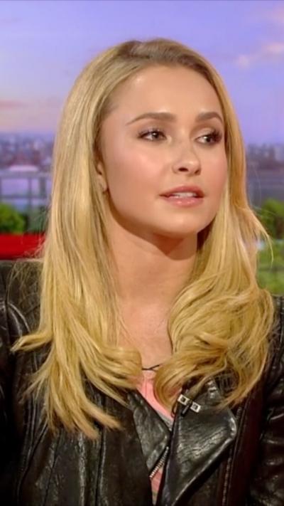 Hayden Panettiere in a black leather jacket on the BBC Breakfast sofa