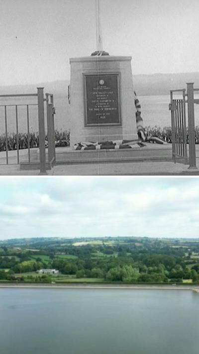 Two images, one above is in black and white and is of a plaque which has just been unveiled. The bottom is a colour image of the lake, with trees and green fiels in the background.