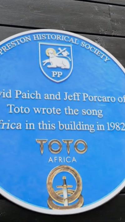 A Preston Historical Society blue plaque which says that Toto Africa was written in this building in 1982