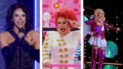 Split screen of three drag queens: Paige Three sings, La Voix salutes and Elle Vosque dances