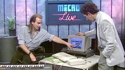 Fred Harris being shown a computer synthesiser on Micro Live