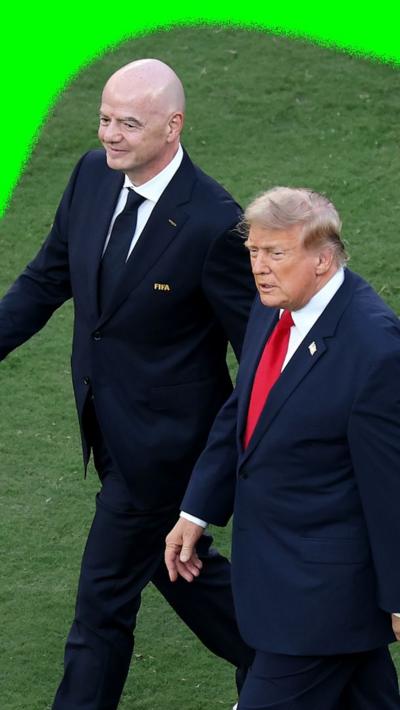 Gianni Infantino and President Donald Trump walking side-by-side on to the pitch at the end of the 2026 World Cup final.
