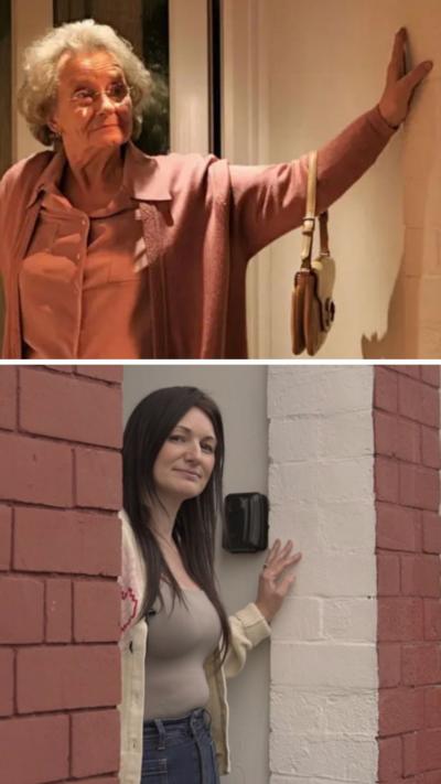 A composite picture. On the top is an old woman with a pink top, resting her hand on the wall. At the bottom is a younger woman doing the same pose.