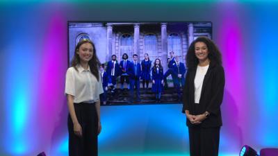 Nina and Carmel on the Newsround set
