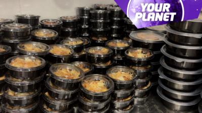 Plastic dishes and the Your Planet logo