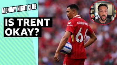 Liverpool's Trent Alexander-Arnold holding a football, with Theo Walcott appearing