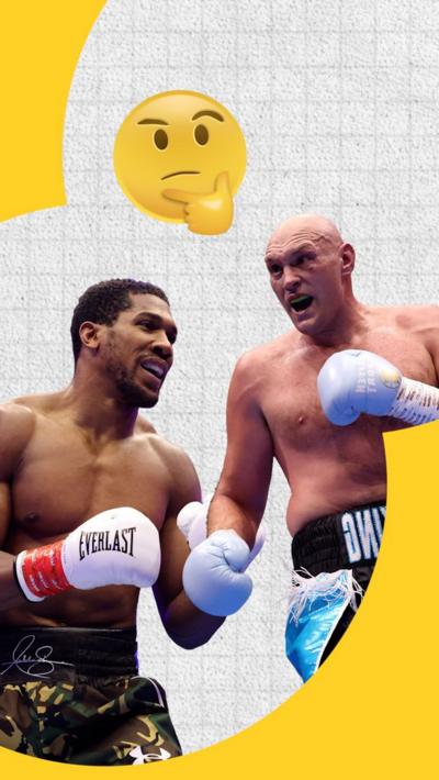 Comp of Anthony Joshua and Tyson Fury and a thinking emoji