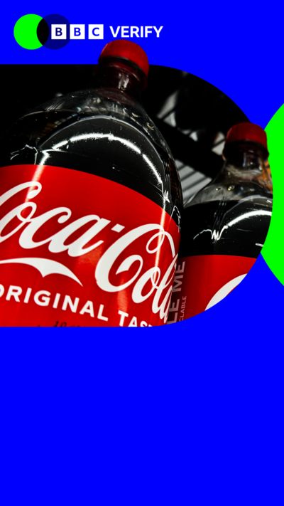 A Coca-Cola bottle imposed over the BBC Verify branding. 