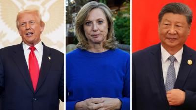 Three way split screen of Donald Trump on the left, BBC correspondent Laura Bicker in the centre and Xi Jinping on the right