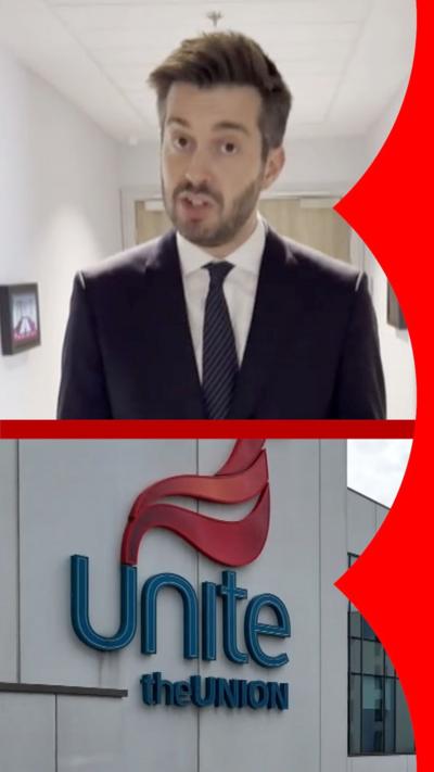 Correspondent Joe Pike in a suit, TOP, and below, a sign for Unite the Union.