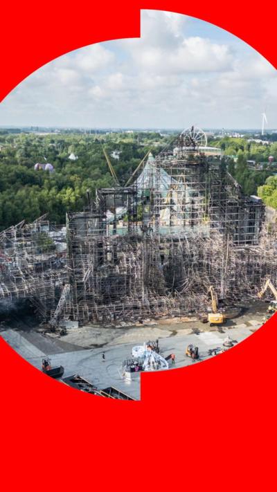 An aerial view of the frame of the main stage at Tomorrowland, after it was destroyed by a fire.  