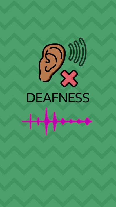 An illustration of an ear with deafness written underneath.