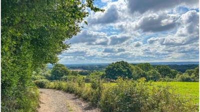 Partly cloudy skies above a grren field with a pathway to one side.