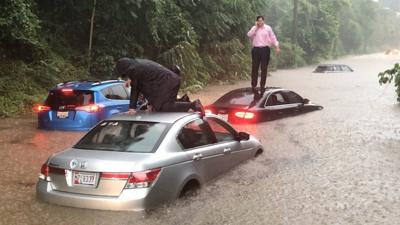 Storms flooded the Washington DC metro area, snarling the morning commute and stranding drivers.