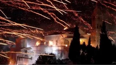 Church with dozens of rockets fired at it