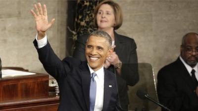 President Obama waves at people at his penultimate State of the Union address in 2015