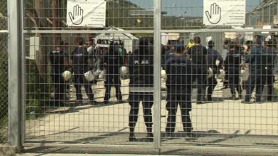 Protesters at a detention camp in Lesbos.