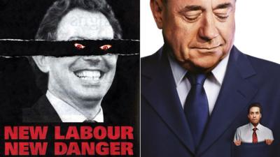 Posters of Tony Blair, Alex Salmond and Ed Miliband