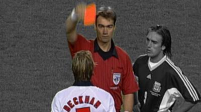 Beckham is shown a red card