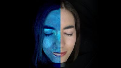 UV images of Sabrina Lee's facing, showing her application of tanning lotion on one side and her normal face on the other